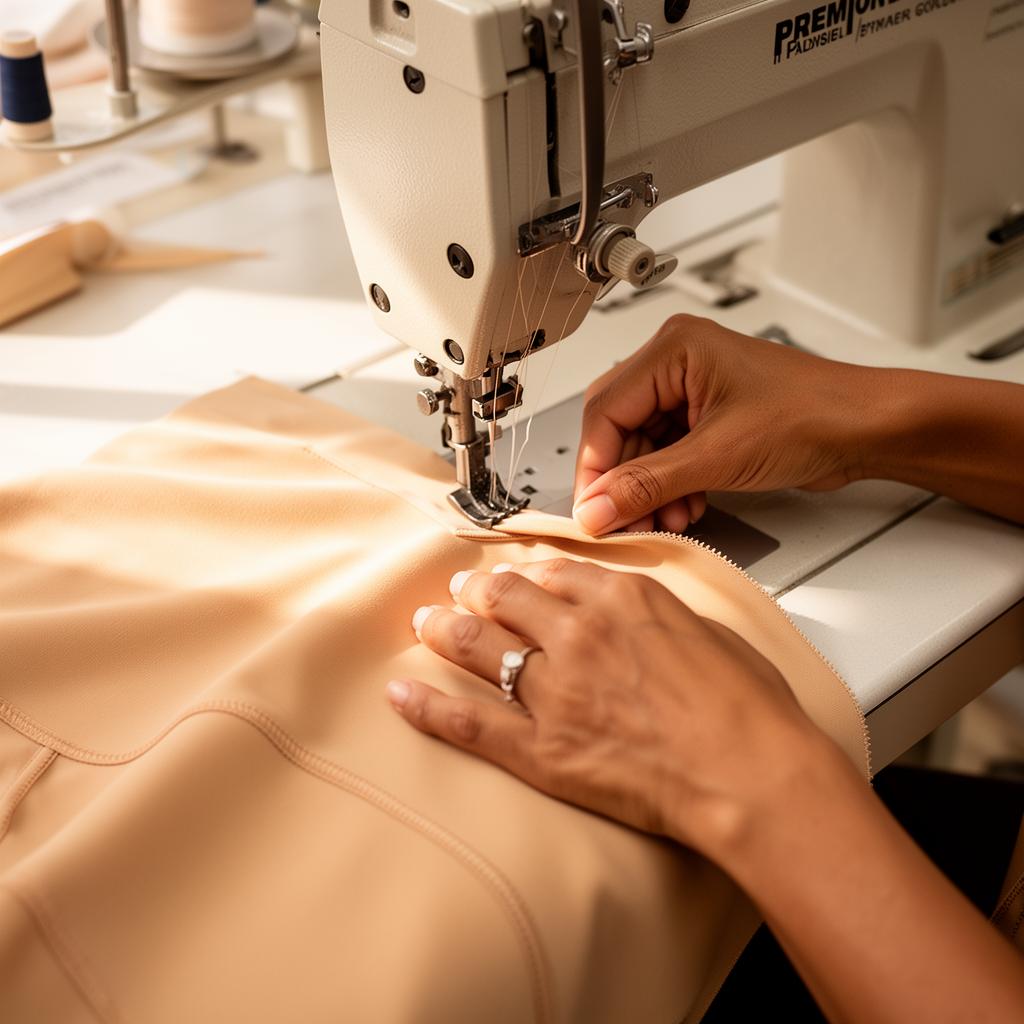 A person using a sewing machine on beige fabric with a blurred background, making shapewear of high quality