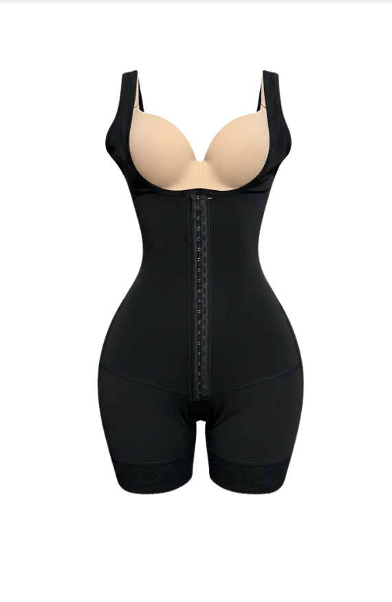 Black shapewear bodysuit on a white background