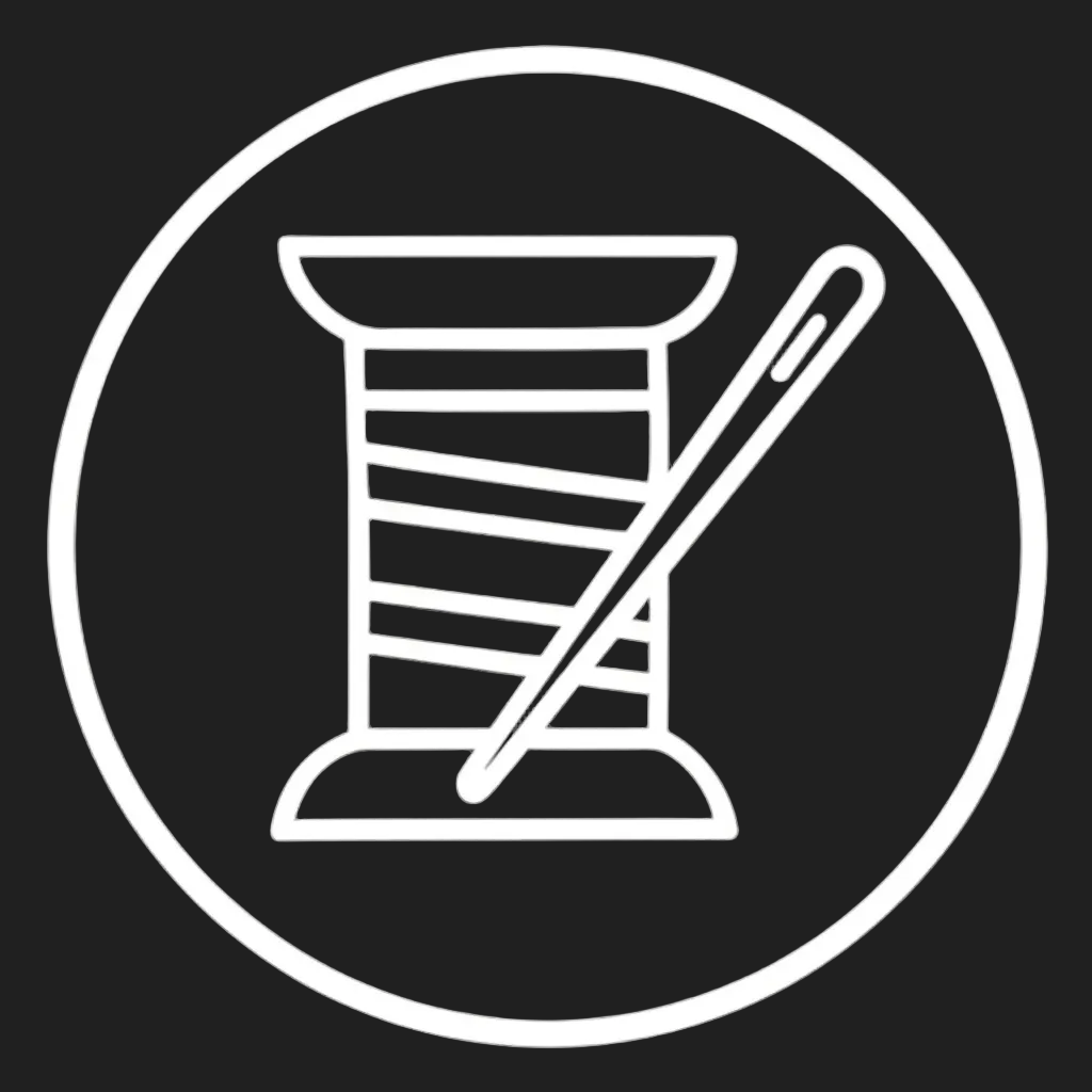Gold icon of a spool of thread with a needle on a white background