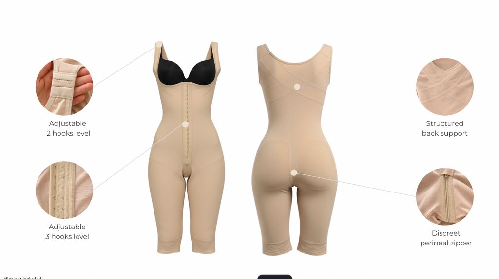 Beige Colombain Post-op faja with features highlighted on a white background - Wholesale