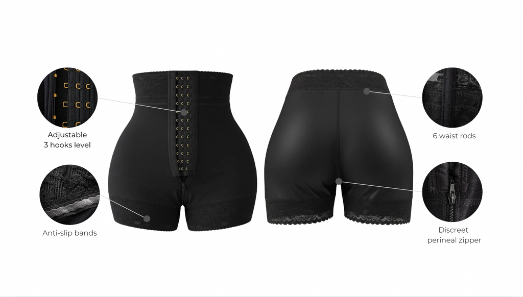 High waisted powernet colombian short with three adjustable level hooks with features