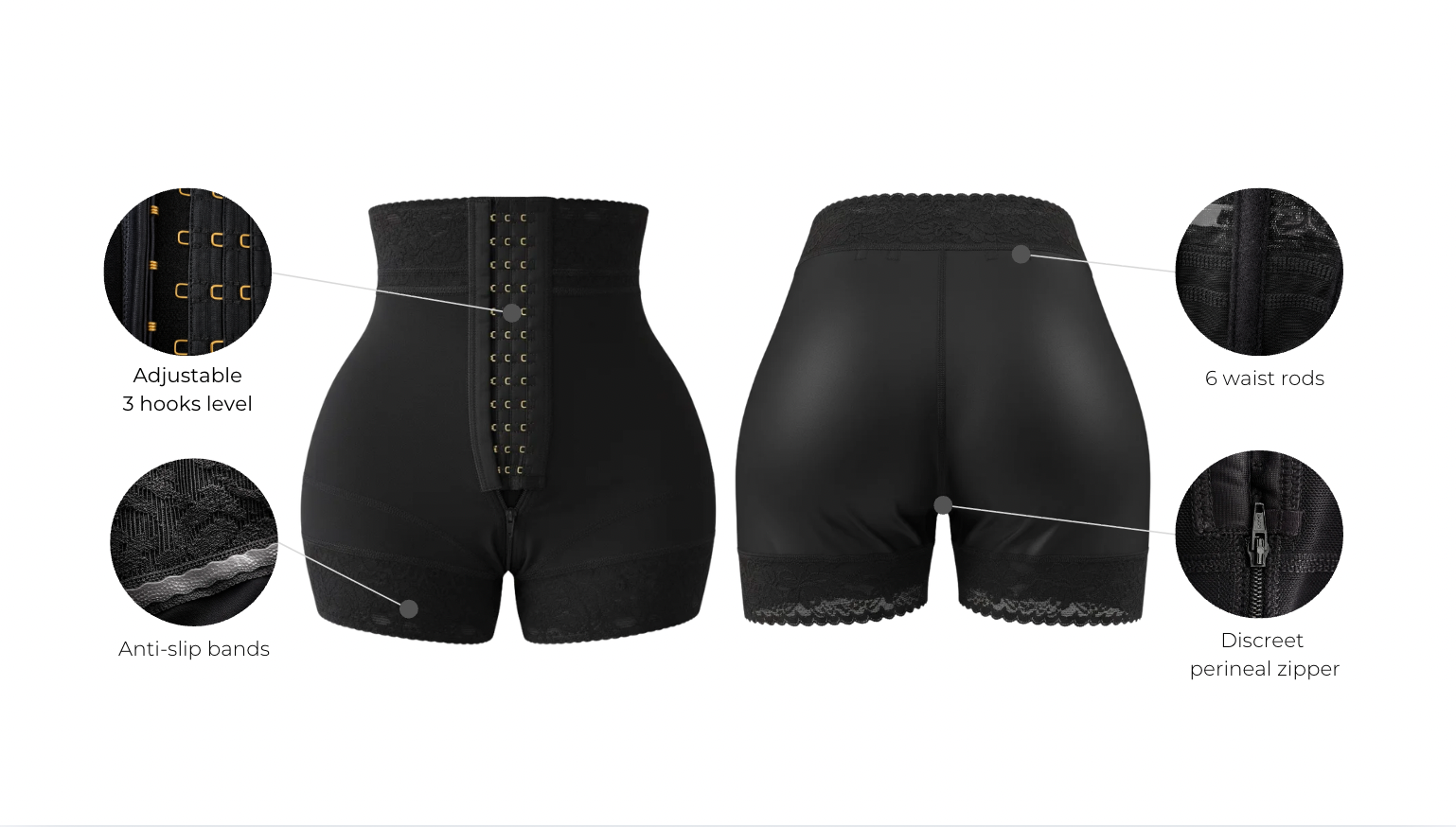 High waisted powernet colombian short with three adjustable level hooks with features