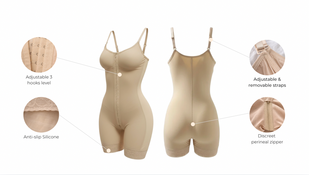 Powernet and lycra full body Colombian shapewear with thin straps with features